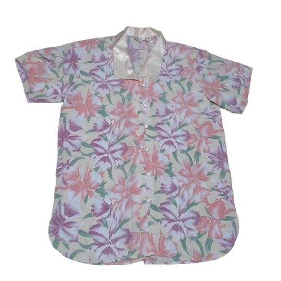 VTG Victoria's Secret Gold Label Floral Semi Sheer Sleep Shirt Button Up Top M/L - Picture 1 of 6